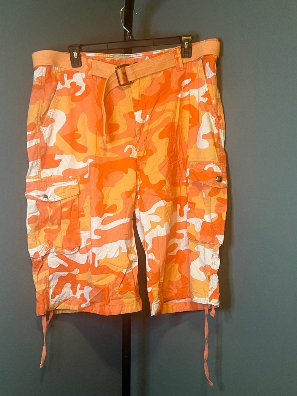 Men's Orange Camo Cargo Shorts with Integrated Belt